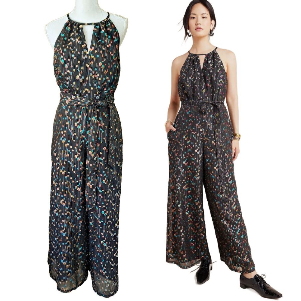 Anthropologie EVA FRANCO Edita Black Metallic Cip Dot Wide Leg Halter Jumpsuit 4